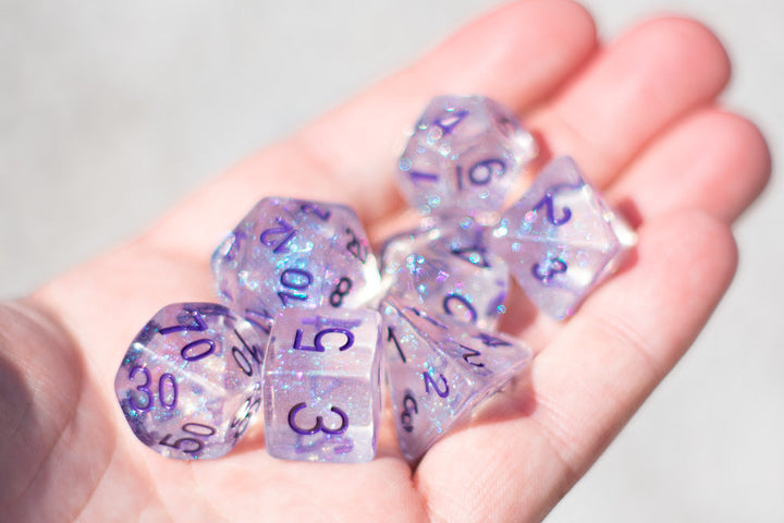 The Time Walker | Clear/purple Glitter 7-Dice Set RPG Dice Set w/Purple