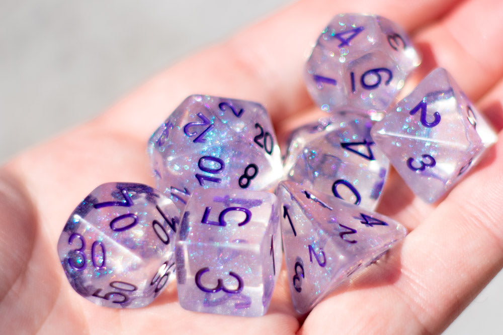 The Time Walker | Clear/purple Glitter 7-Dice Set RPG Dice Set w/Purple