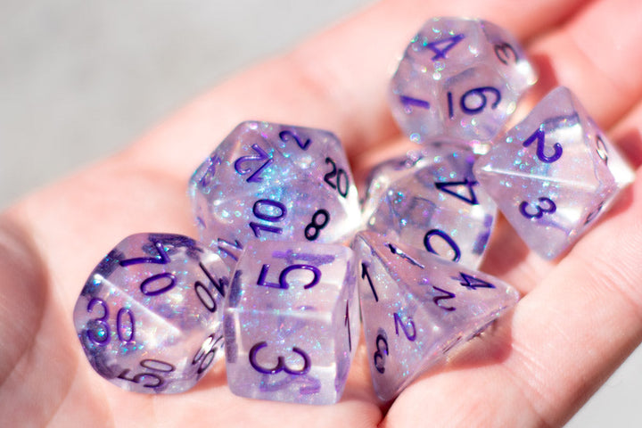 The Time Walker | Clear/purple Glitter 7-Dice Set RPG Dice Set w/Purple