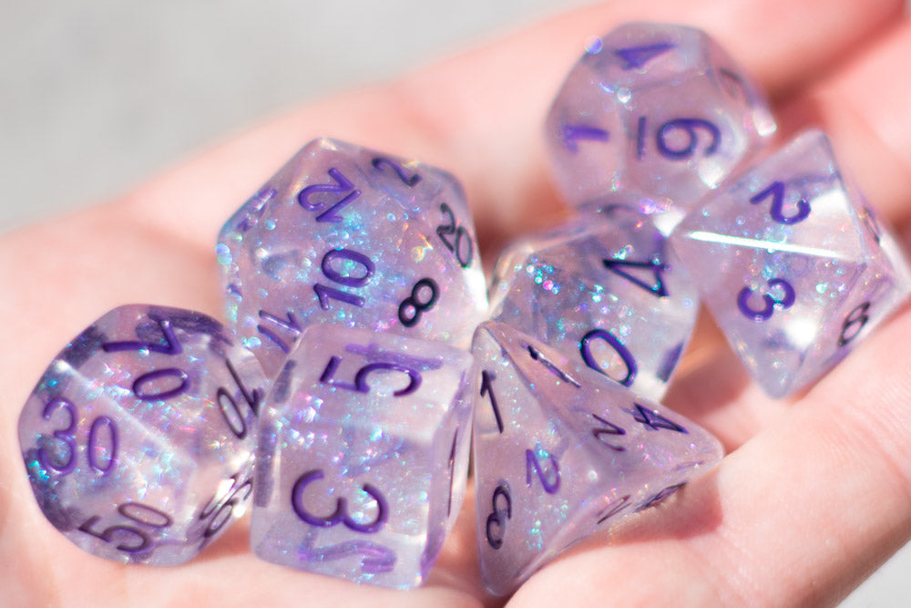 The Time Walker | Clear/purple Glitter 7-Dice Set RPG Dice Set w/Purple
