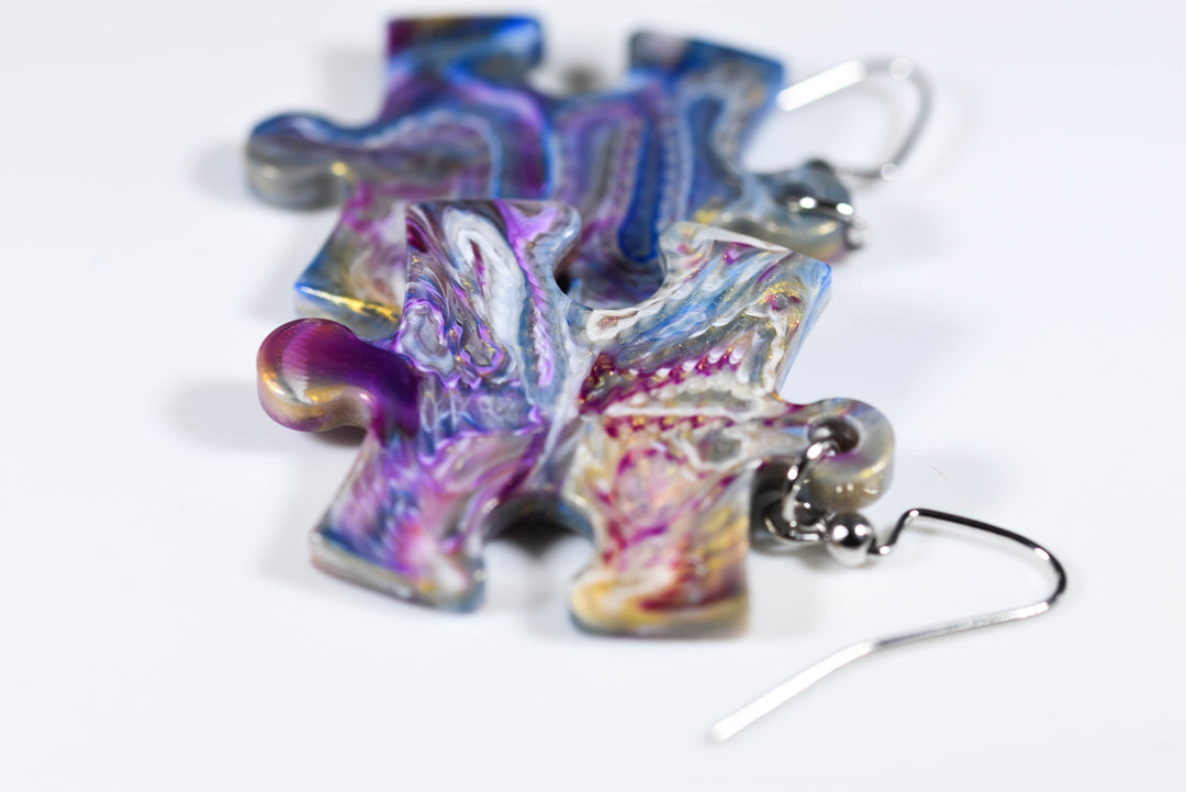 Earrings Festive Puzzle Piece Pair (Blue/Purple/Brown) [7]