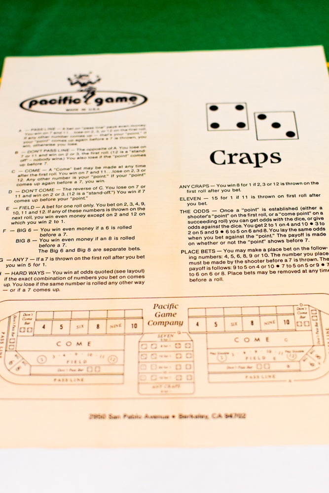 Pacific Gaming Co. Craps Game 1976 Felt Layout/Pacific 24" x 36"