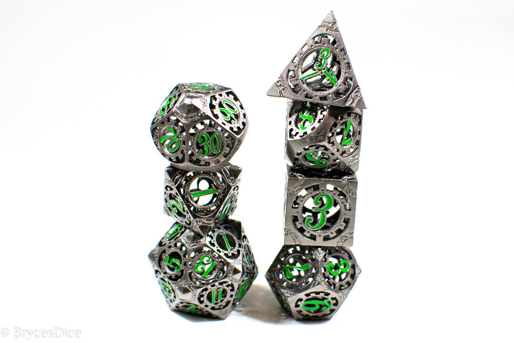 Gun Metal Hollow Gear Dice with Green Numbers 7-Dice Set