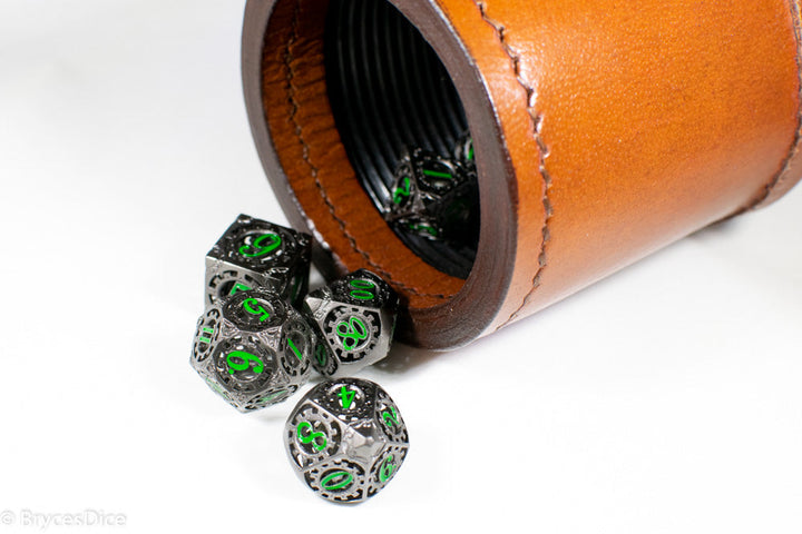 Gun Metal Hollow Gear Dice with Green Numbers 7-Dice Set