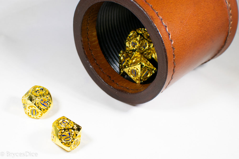 Gold Metal Hollow Gear Dice with Blue Numbers 7-Dice Set