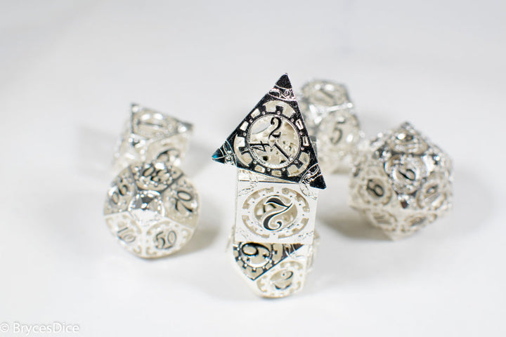 Silver Metal Hollow Gear Dice with Black Numbers 7-Dice Set