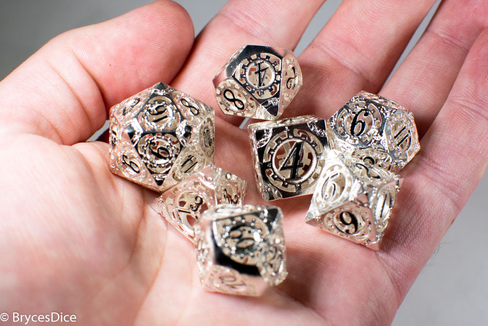 Silver Metal Hollow Gear Dice with Black Numbers 7-Dice Set