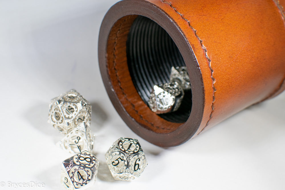 Silver Metal Hollow Gear Dice with Black Numbers 7-Dice Set