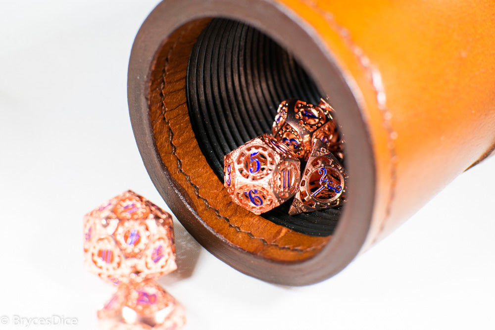 Rose Gold Metal Hollow Gear Dice with Blue Numbers 7-Dice Set
