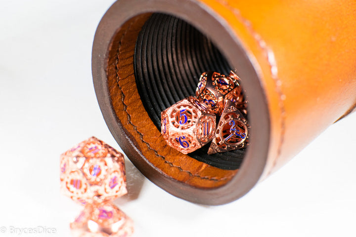 Rose Gold Metal Hollow Gear Dice with Blue Numbers 7-Dice Set