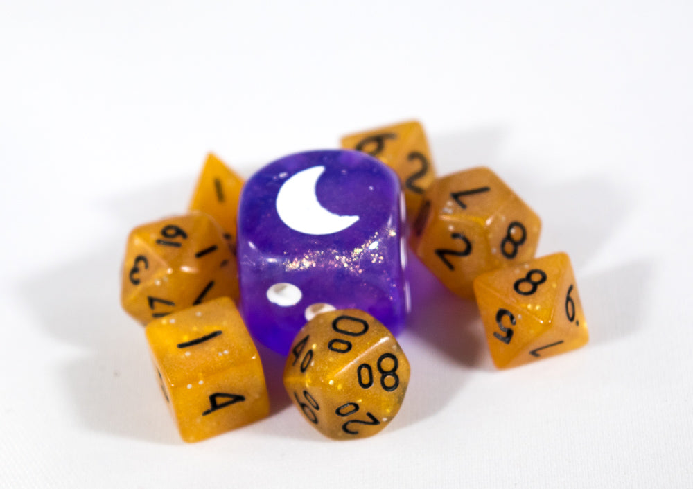 Orange Semi-Translucent Miniature Poly Dice Set Small (7) w/ Silver Glitter RPG DnD Mini Cute BrycesDice
