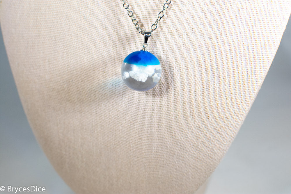 Cloudy Blue Sky Resin Sphere Necklace Pendant White Clouds
