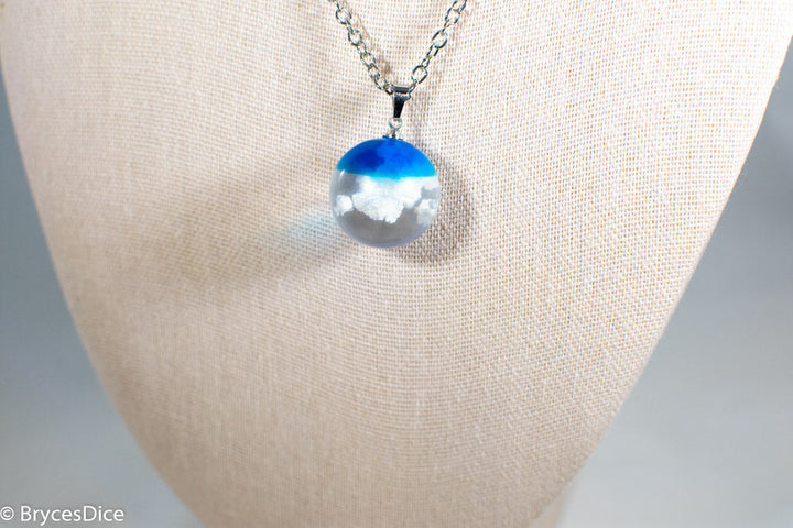 Cloudy Blue Sky Resin Sphere Necklace Pendant White Clouds