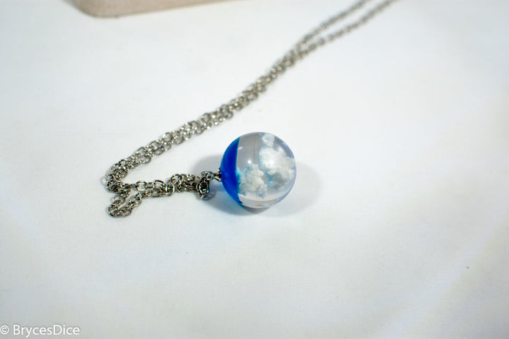 Cloudy Blue Sky Resin Sphere Necklace Pendant White Clouds