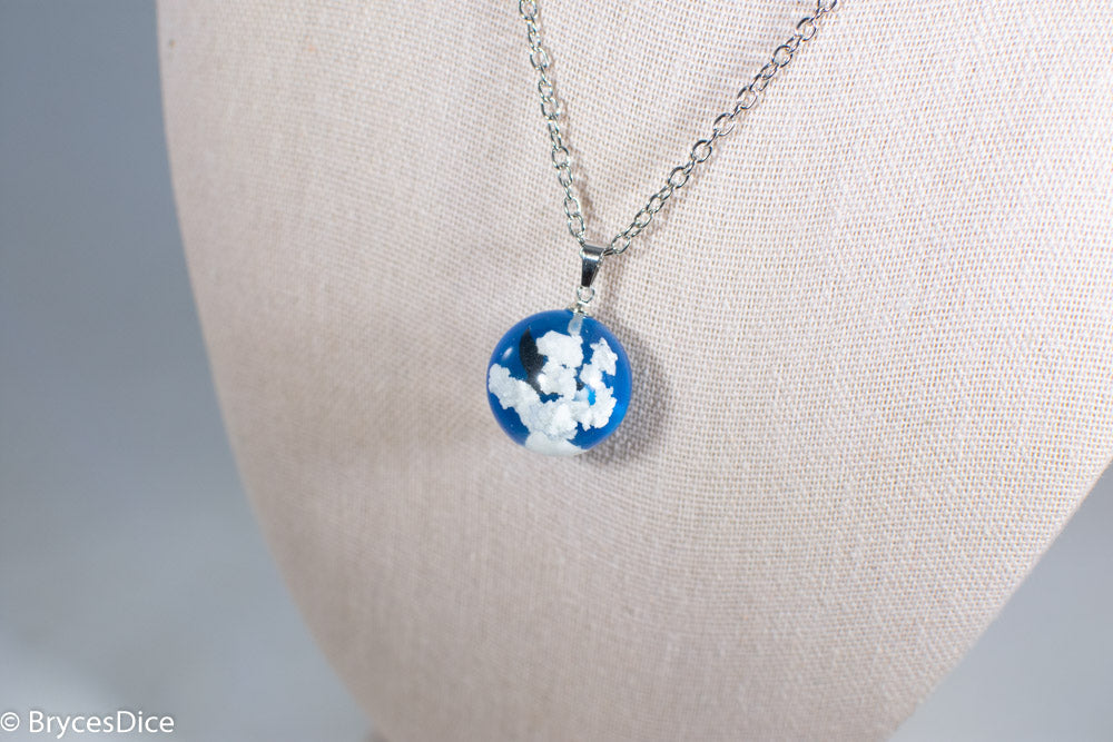 Cloudy Sky w/Bird & Blue Resin Sphere Necklace Pendant White Clouds