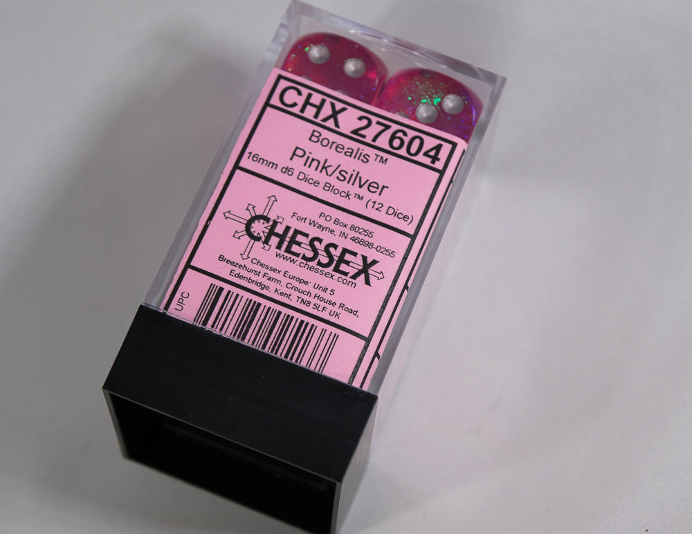 Old Glitter Borealis Pink/Silver d6 Block Dice RARE OOP Chessex 27604 16mm