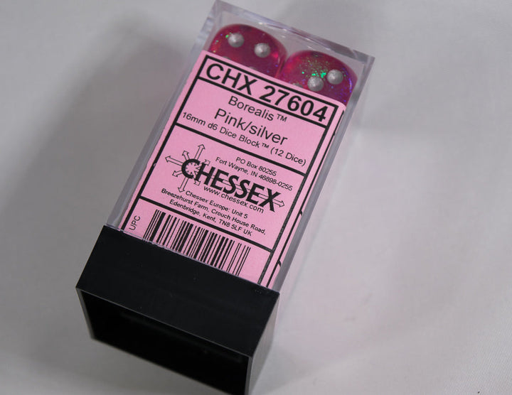 Old Glitter Borealis Pink/Silver d6 Block Dice RARE OOP Chessex 27604 16mm