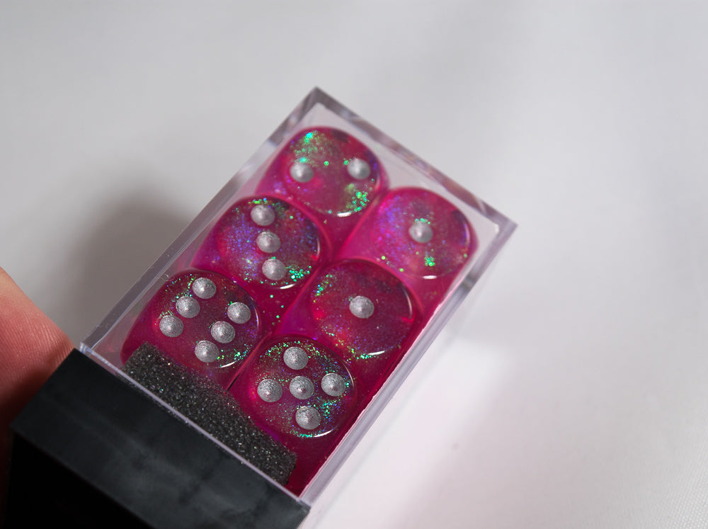Old Glitter Borealis Pink/Silver d6 Block Dice RARE OOP Chessex 27604 16mm