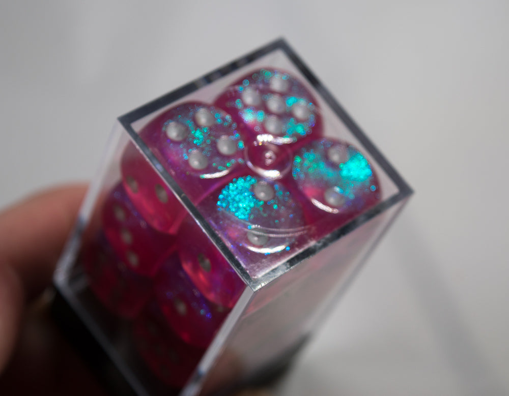 Old Glitter Borealis Pink/Silver d6 Block Dice RARE OOP Chessex 27604 16mm