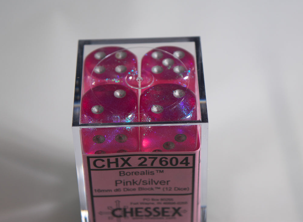 Old Glitter Borealis Pink/Silver d6 Block Dice RARE OOP Chessex 27604 16mm