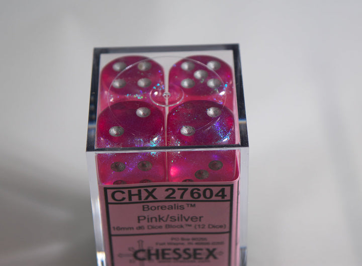 Old Glitter Borealis Pink/Silver d6 Block Dice RARE OOP Chessex 27604 16mm