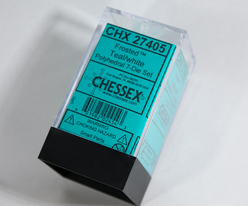 Chessex Polyhedral 7 Die Frosted Teal w/ White Numbers Set Of 7 Dice CHX 27405