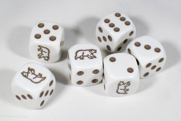 White Dice with Brown Bear; 6 Sided Bunco RPG Game D6 16mm Roll Rounded Corner