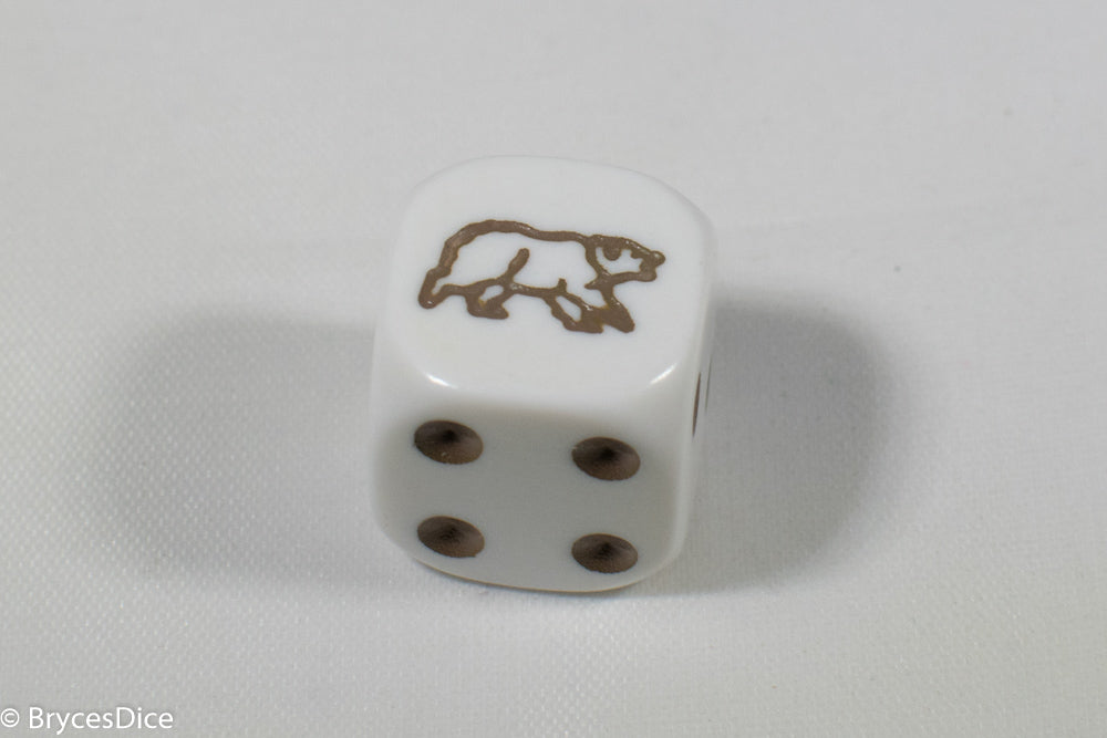 White Dice with Brown Bear; 6 Sided Bunco RPG Game D6 16mm Roll Rounded Corner