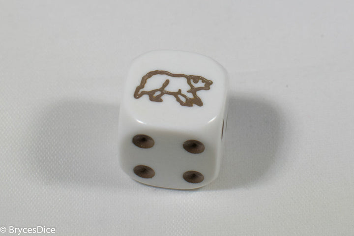 White Dice with Brown Bear; 6 Sided Bunco RPG Game D6 16mm Roll Rounded Corner