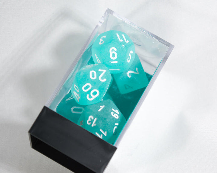 Chessex Polyhedral 7 Die Frosted Teal w/ White Numbers Set Of 7 Dice CHX 27405