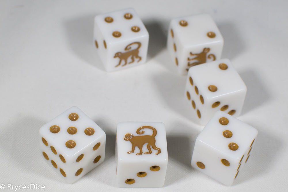 White Dice with Monkey; 6 Sided Bunco RPG Game D6 16mm Roll Square Corner