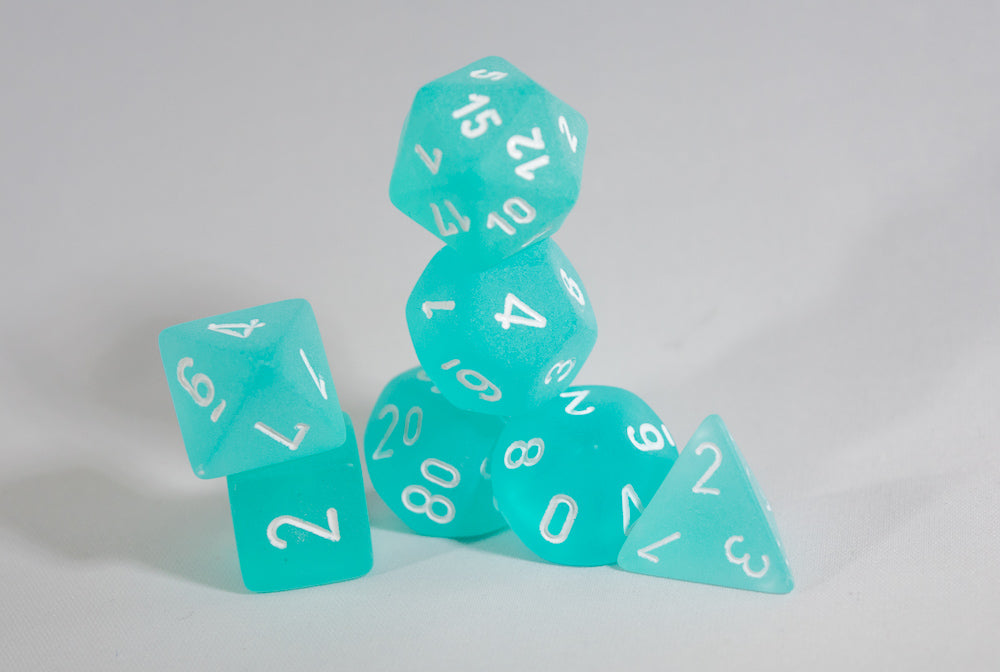 Chessex Polyhedral 7 Die Frosted Teal w/ White Numbers Set Of 7 Dice CHX 27405