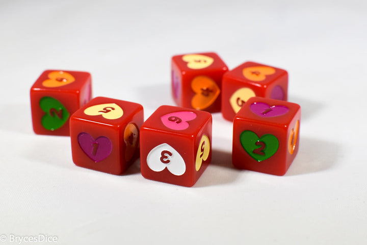 Candy Heart Dice Acrylic 16mm White, Pink, Purple, Yellow, Green