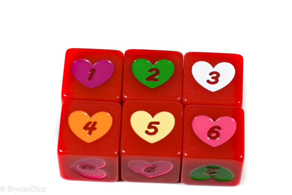 Candy Heart Dice Acrylic 16mm White, Pink, Purple, Yellow, Green