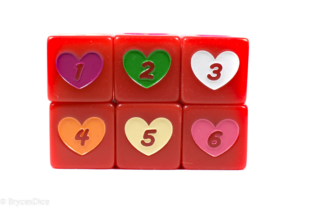 Candy Heart Dice Acrylic 16mm White, Pink, Purple, Yellow, Green