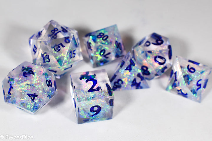 Ice Cubes Sharp Edge Resin 7-Dice Dice (Clear Shimmer w/ Blue Numbers)