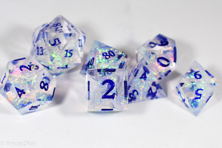 Ice Cubes Sharp Edge Resin 7-Dice Dice (Clear Shimmer w/ Blue Numbers)