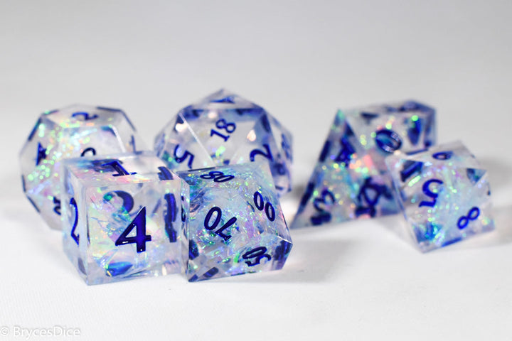 Ice Cubes Sharp Edge Resin 7-Dice Dice (Clear Shimmer w/ Blue Numbers)