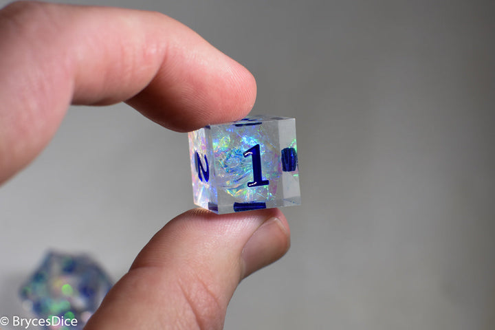 Ice Cubes Sharp Edge Resin 7-Dice Dice (Clear Shimmer w/ Blue Numbers)