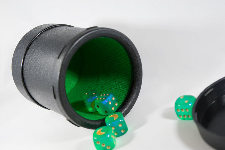 Dice Cup 3.6" D X 4"H Green Felt with Tough Plastic Exterior with Faux Leather Look and Lid