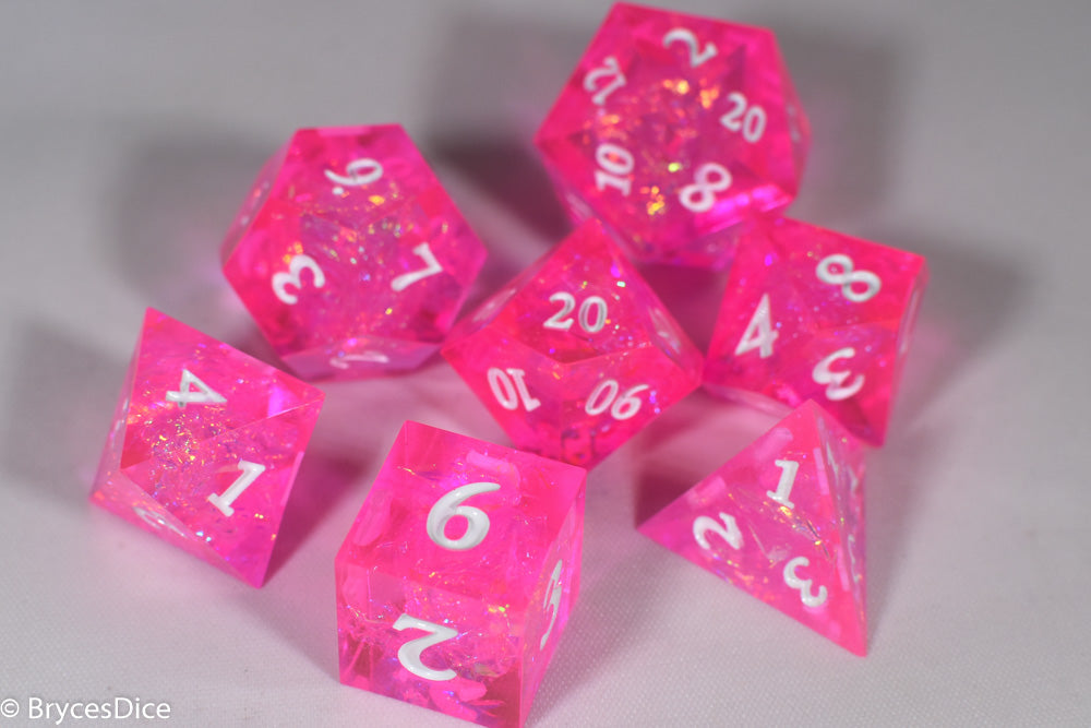 Fairy Flare Sharp Edge Resin 7-Dice Dice (Pink w/ White Numbers)