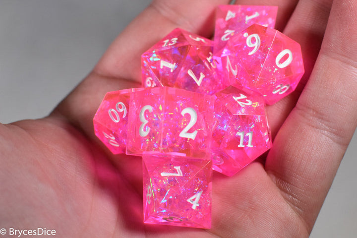 Fairy Flare Sharp Edge Resin 7-Dice Dice (Pink w/ White Numbers)