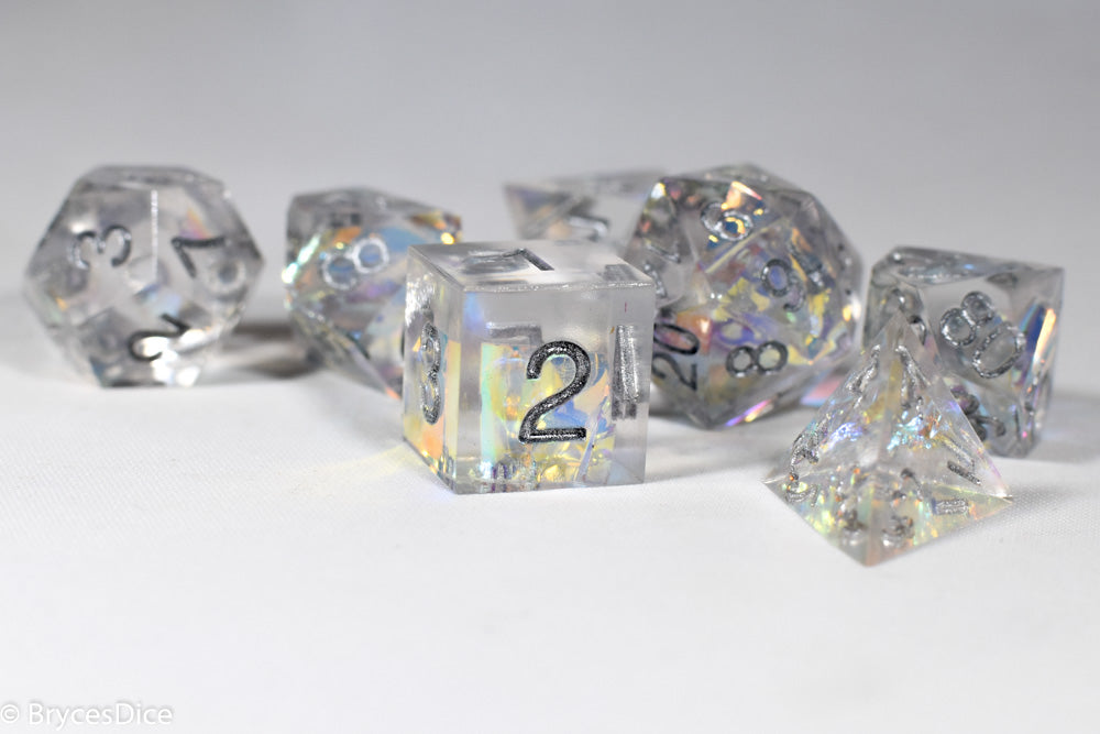 Pirates Crystal Sharp Edge Resin 7-Dice Set | Gold or Silver Ink (Clear)