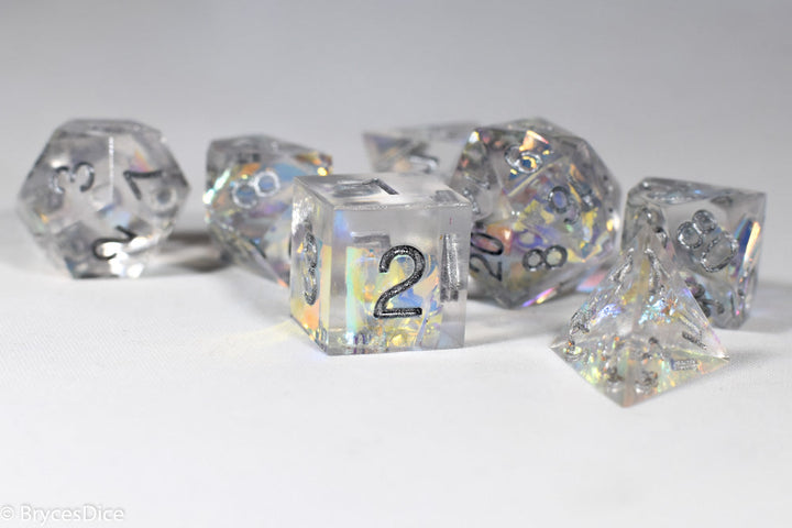 Pirates Crystal Sharp Edge Resin 7-Dice Set | Gold or Silver Ink (Clear)