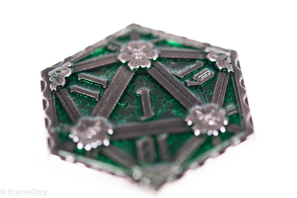 Silver Green Enamel Effect D20 Metal Coins d2