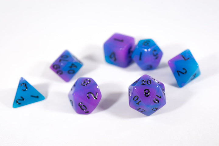 Blue and Purple Glow-in-the-Dark 7-Die Set w/Black Numbers by HDdice