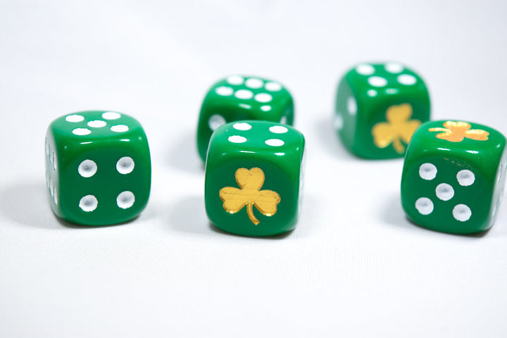 Gold Shamrock Opaque Green Die 16mm D6 Chessex Dice - with White Pips
