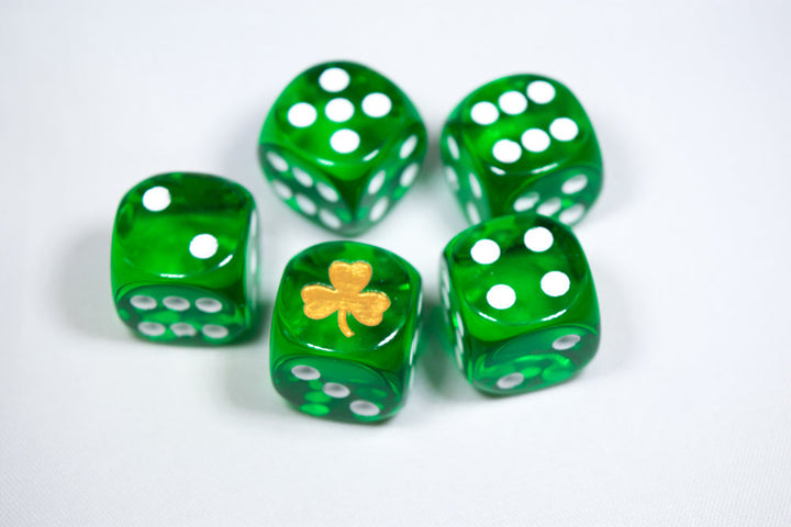 Gold Shamrock Translucent Green Die 16mm D6 Chessex Dice w/White Pips | Sold per die