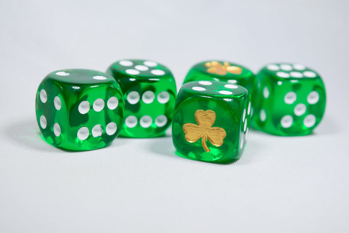 Gold Shamrock Translucent Green Die 16mm D6 Chessex Dice w/White Pips | Sold per die