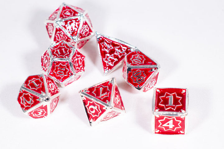 Defender 7-Dice Metal Set Silver w/ Red Fill {North Star Dice Collection}